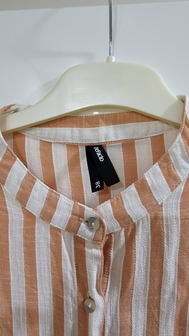 Bej Çizgili Uzun Bol Kesim Keten Elbise - Görsel 2