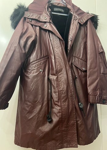 Kadın Bordo Deri Kürklü Midi mont - Görsel 11