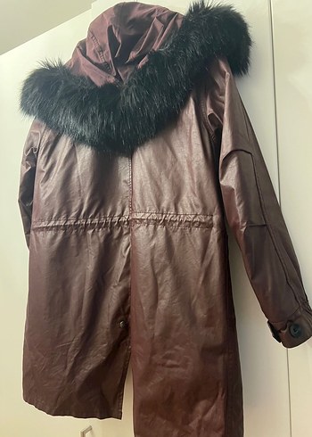 Kadın Bordo Deri Kürklü Midi mont - Görsel 8