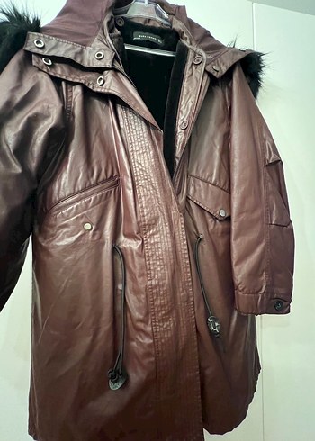 Kadın Bordo Deri Kürklü Midi mont - Görsel 12