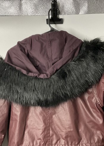 Kadın Bordo Deri Kürklü Midi mont - Görsel 4