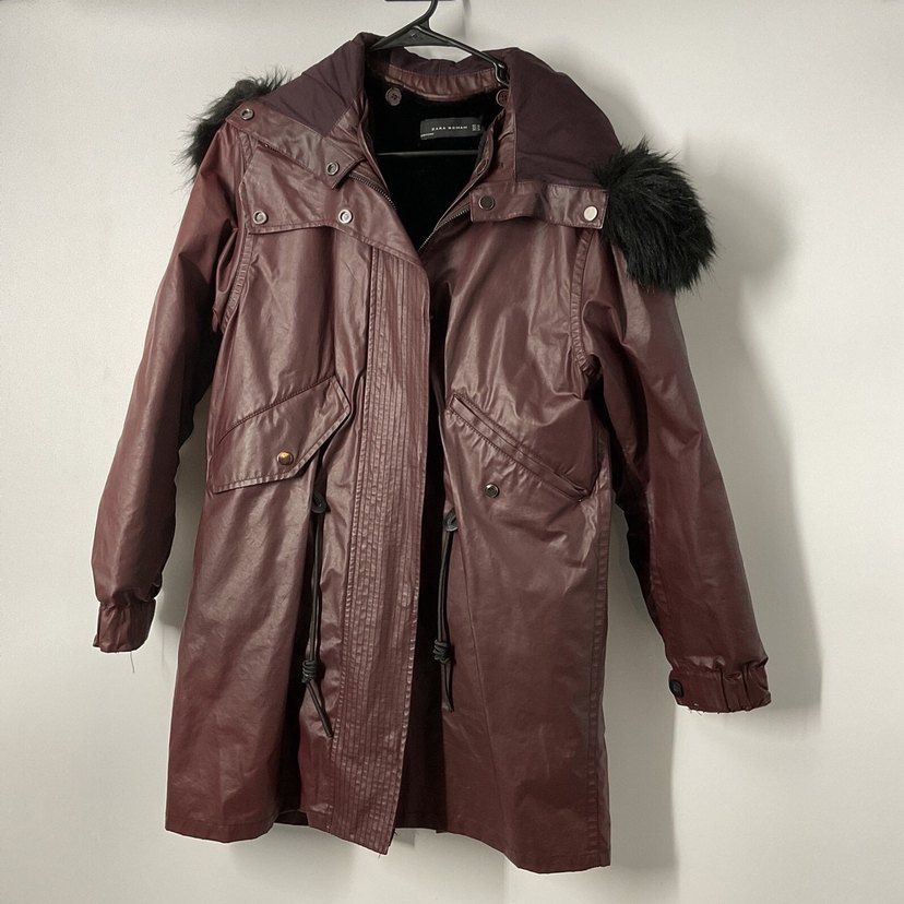 Kadın Bordo Deri Kürklü Midi mont - Görsel 2