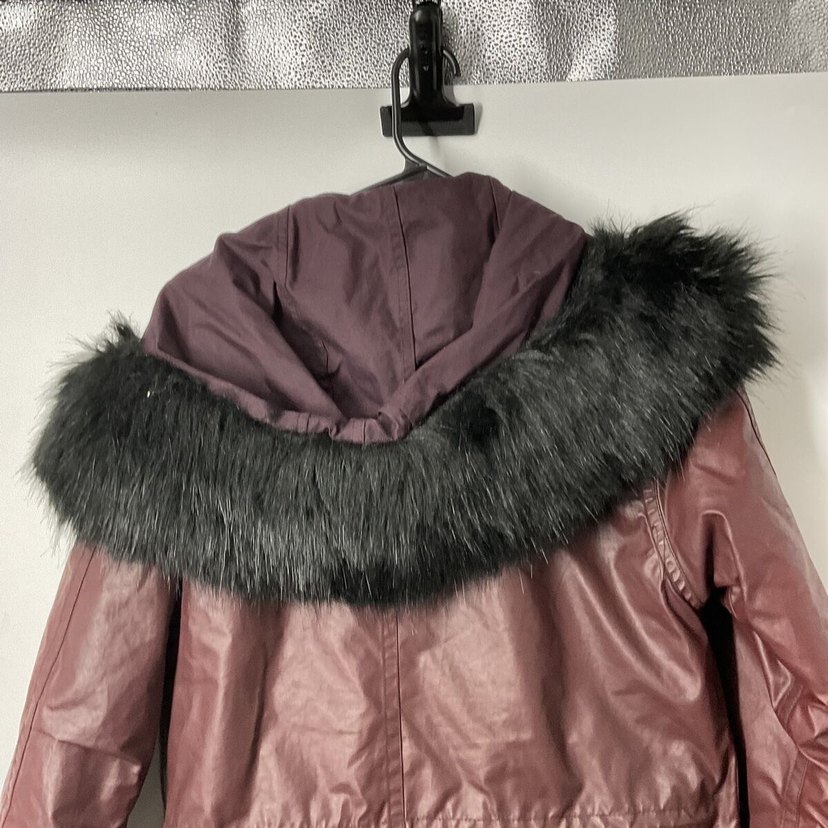 Kadın Bordo Deri Kürklü Midi mont - Görsel 4