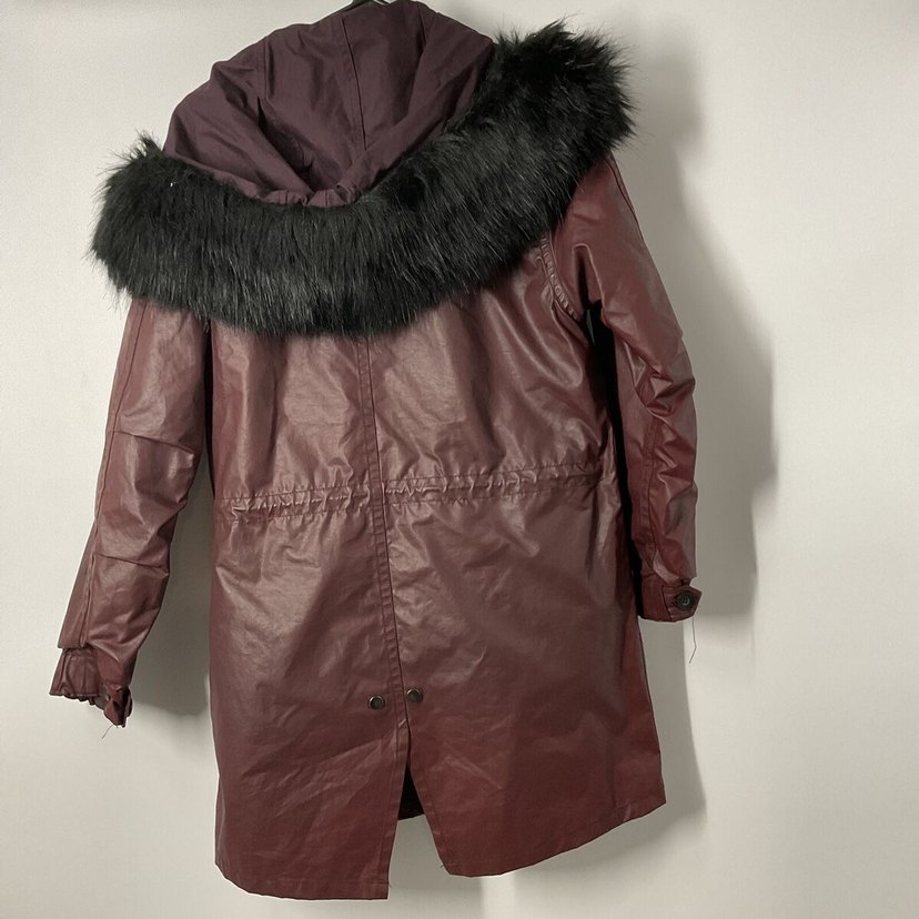 Kadın Bordo Deri Kürklü Midi mont - Görsel 3