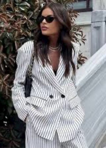 Çizgi Desenli keten Kadın Takım - Görsel 3