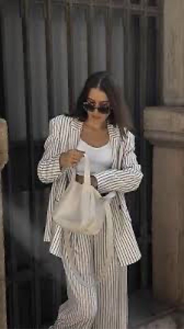 Çizgi Desenli keten Kadın Takım - Görsel 2