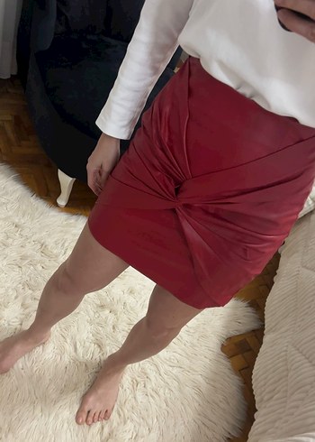 Bordo Deri Drapeli Mini Etek - Görsel 5