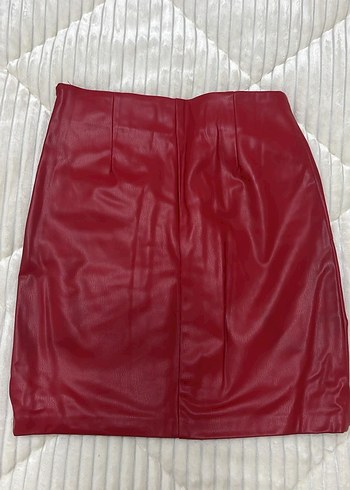 Bordo Deri Drapeli Mini Etek - Görsel 2