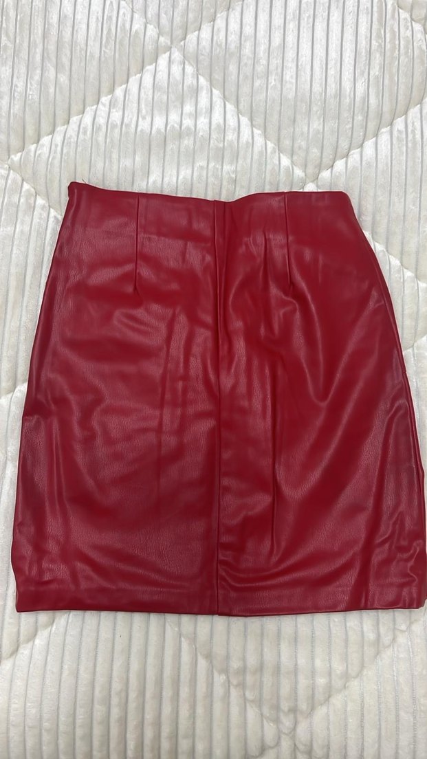 Bordo Deri Drapeli Mini Etek - Görsel 2