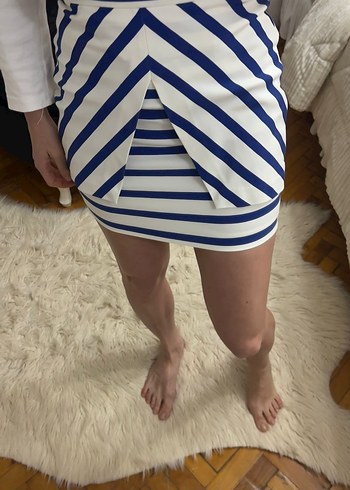 Mavi Çizgili Pilili Midi Hamile Eteği - Görsel 4