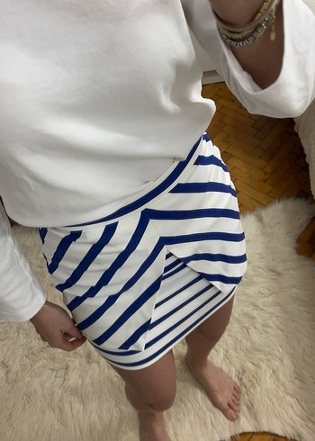 Mavi Çizgili Pilili Midi Hamile Eteği - Görsel 3