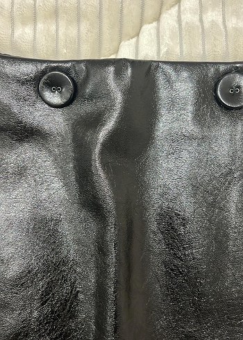 Düğmeli Siyah Deri Midi Mini Etek - Görsel 2
