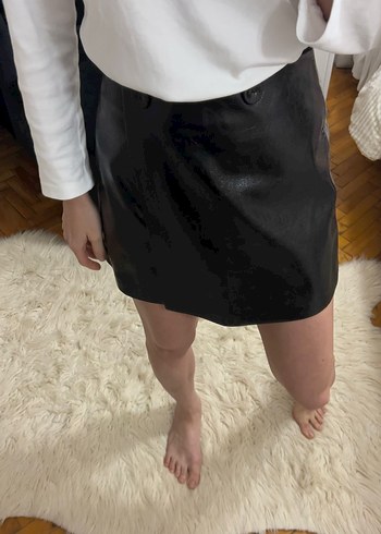 Düğmeli Siyah Deri Midi Mini Etek - Görsel 5