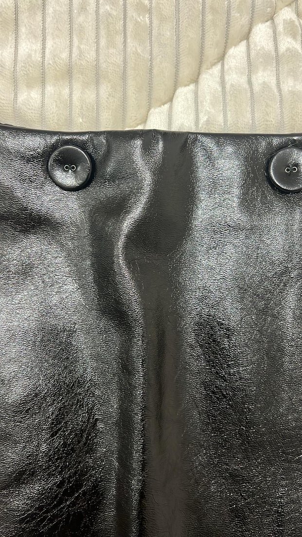 Düğmeli Siyah Deri Midi Mini Etek - Görsel 2