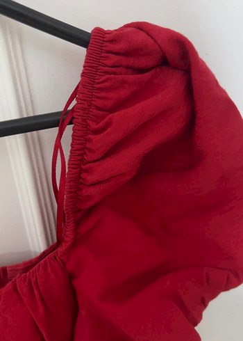 Kırmızı Uzun Keten Düğmeli Straplez Elbise - Görsel 3