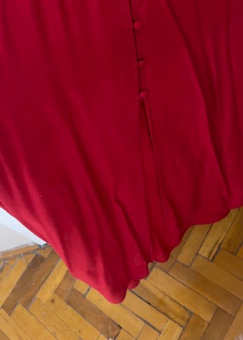 Kırmızı Uzun Keten Düğmeli Straplez Elbise - Görsel 4