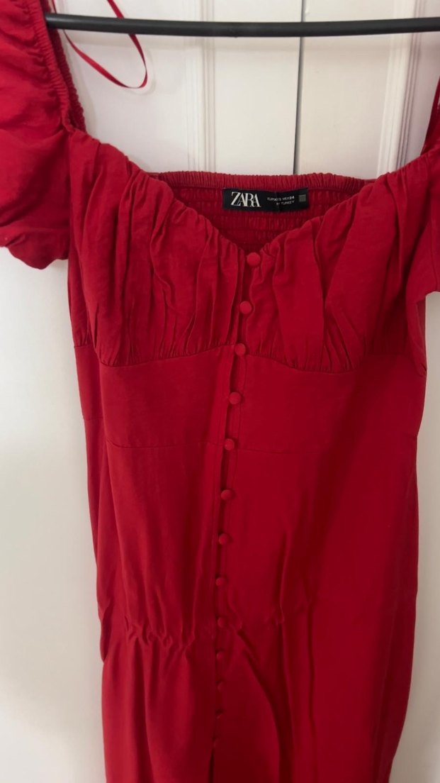 Kırmızı Uzun Keten Düğmeli Straplez Elbise - Görsel 2