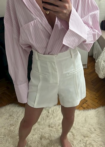 Beyaz Yüksek Bel Mini Şort - Görsel 7