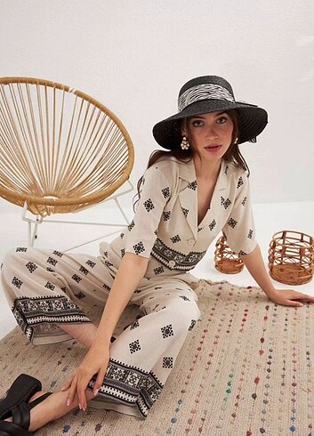 Keten crop pantolon takım 