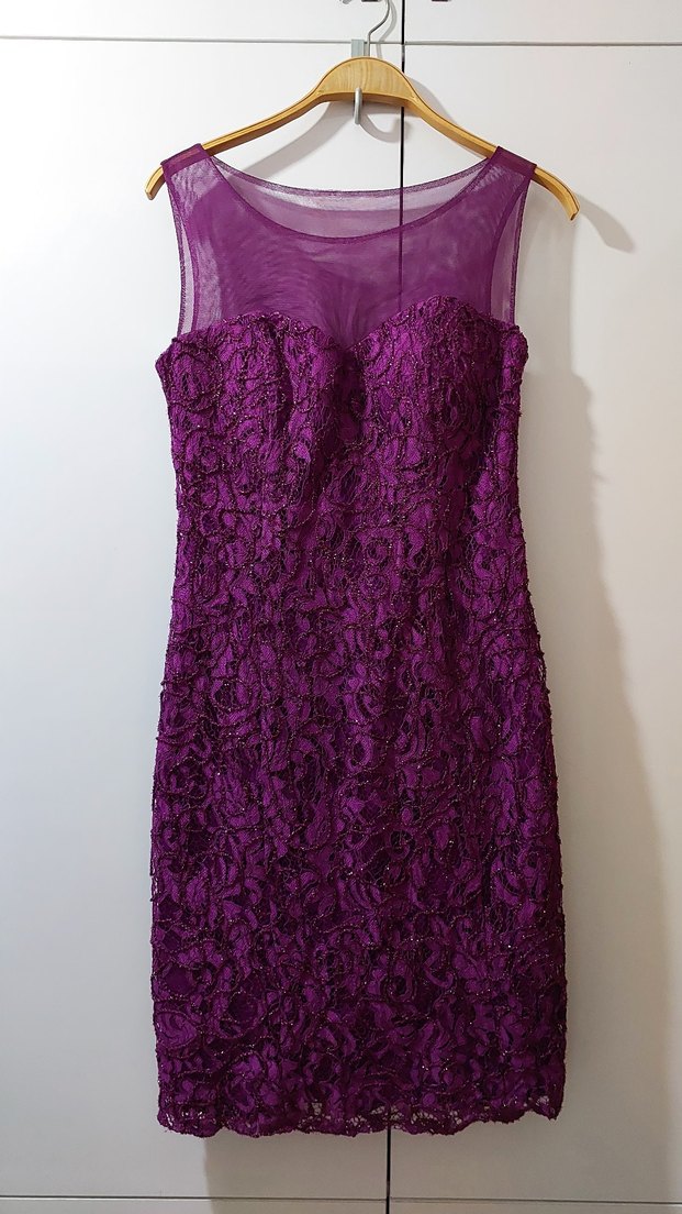 Mor Dantel İşlemeli Midi Abiye Elbise - Görsel 2