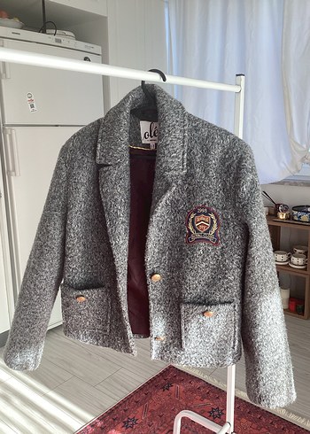 Düğmeli Kısa Gri Kadın Yün Ceket - Görsel 2