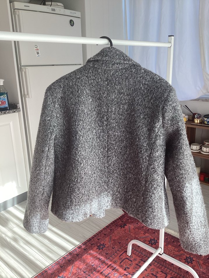 Düğmeli Kısa Gri Kadın Yün Ceket - Görsel 3