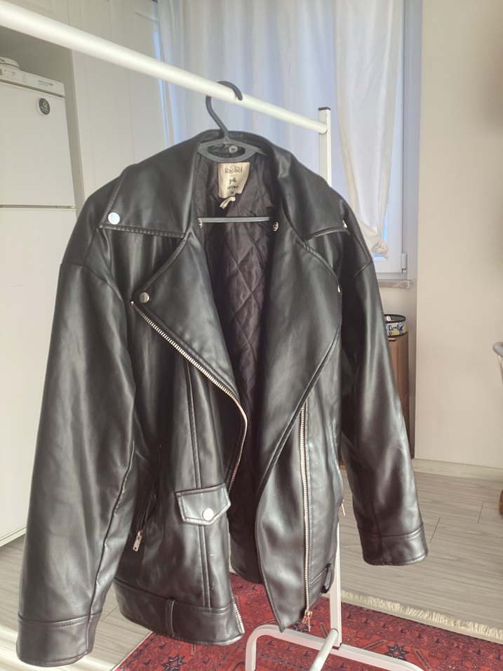 Kadın Siyah Deri Biker Ceket - Görsel 3