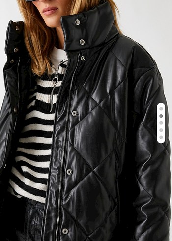 Siyah Deri Kadın Şişme Mont - Görsel 2