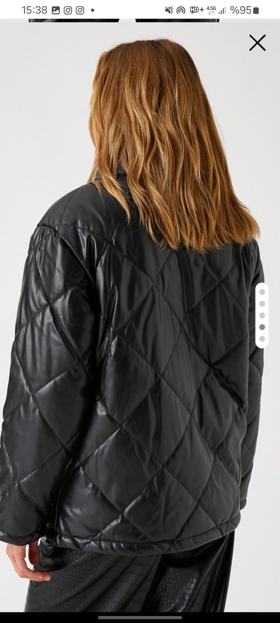 Siyah Deri Kadın Şişme Mont - Görsel 4