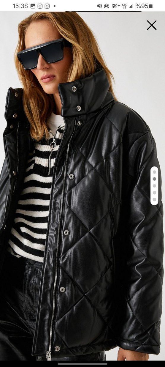 Siyah Deri Kadın Şişme Mont - Görsel 2