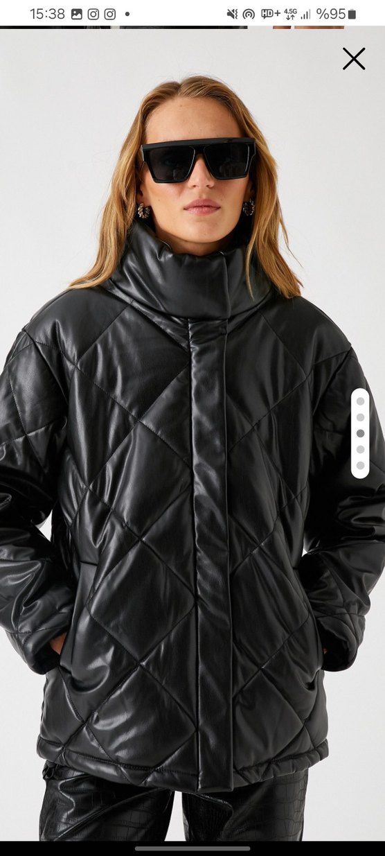 Siyah Deri Kadın Şişme Mont - Görsel 3