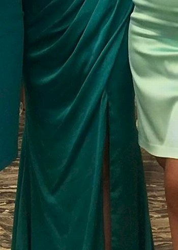 İpek Kumaş Turkuaz Drapeli Uzun Abiye Elbise - Görsel 2