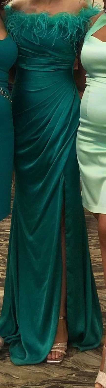 İpek Kumaş Turkuaz Drapeli Uzun Abiye Elbise - Görsel 2