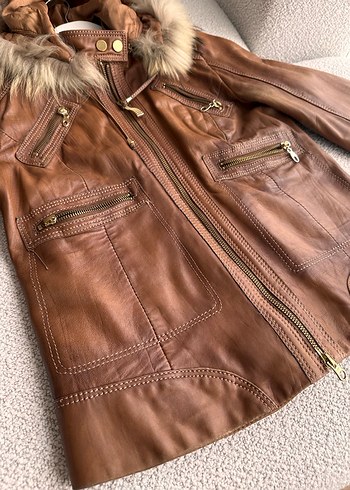Derimod Kürklü Kapişonlu Deri Ceket - Görsel 3