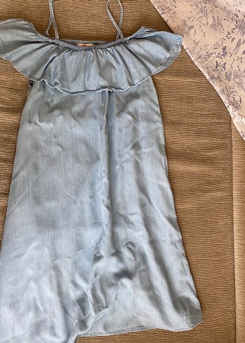 Denim Askılı Fırfırlı Elbise