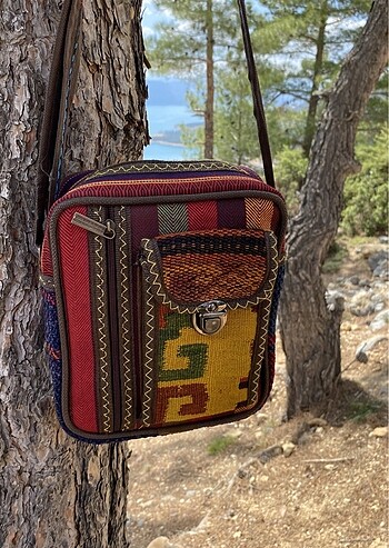 Otantik kilim desen dokuma cep telefon gözlü omuz çantası