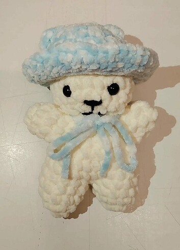Pastel Mavi Şapkalı Beyaz Peluş Oyuncak Ayı 