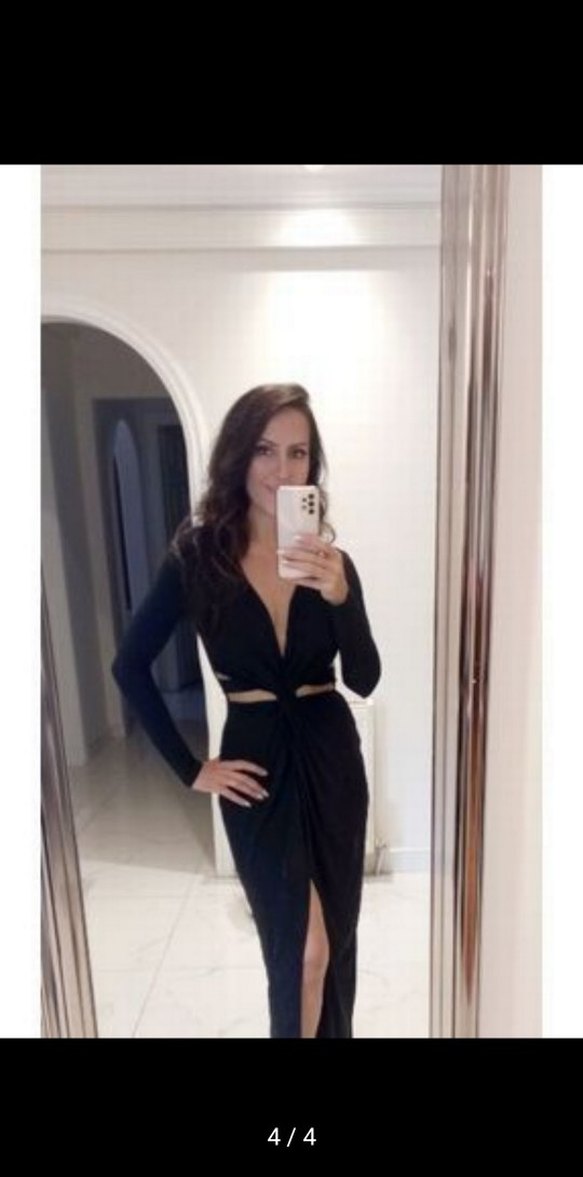 Uzun Siyah Drapeli V Yaka Kadın Elbise - Görsel 2