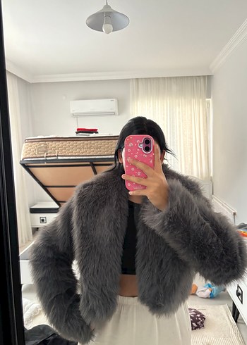Gri Kürk Detaylı Yün Kadın Mont