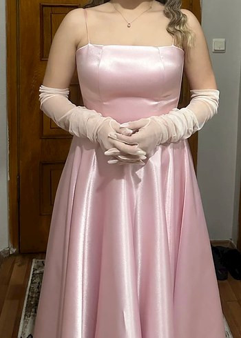 Abiye Pastel Pembe Saten Midi Abiye Elbise