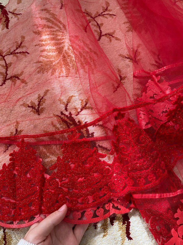 Kırmızı Dantel İşlemeli Kına Duvak - Görsel 2