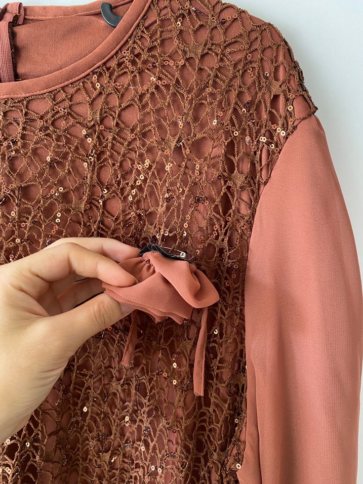Uzun Kahverengi Dantel Kadın Elbise - Görsel 3