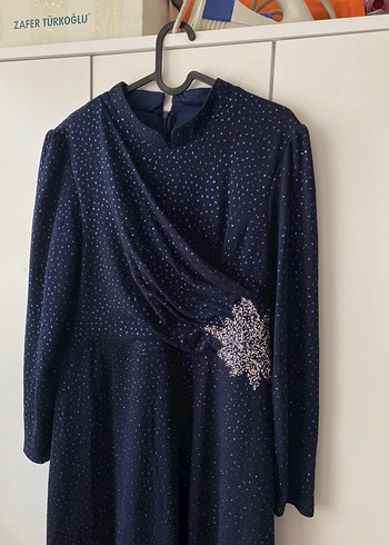 Lacivert Uzun Kollu Drapeli Abiye Elbise - Görsel 3