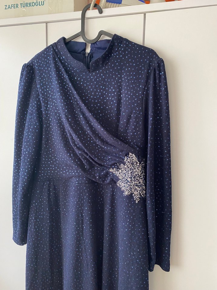 Lacivert Uzun Kollu Drapeli Abiye Elbise - Görsel 2