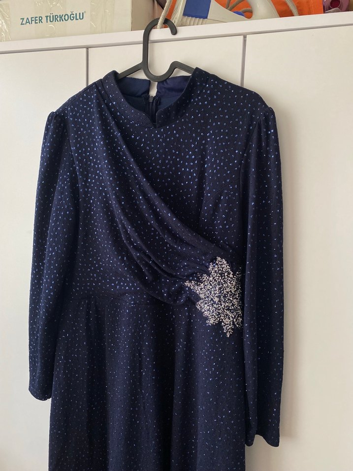 Lacivert Uzun Kollu Drapeli Abiye Elbise - Görsel 3