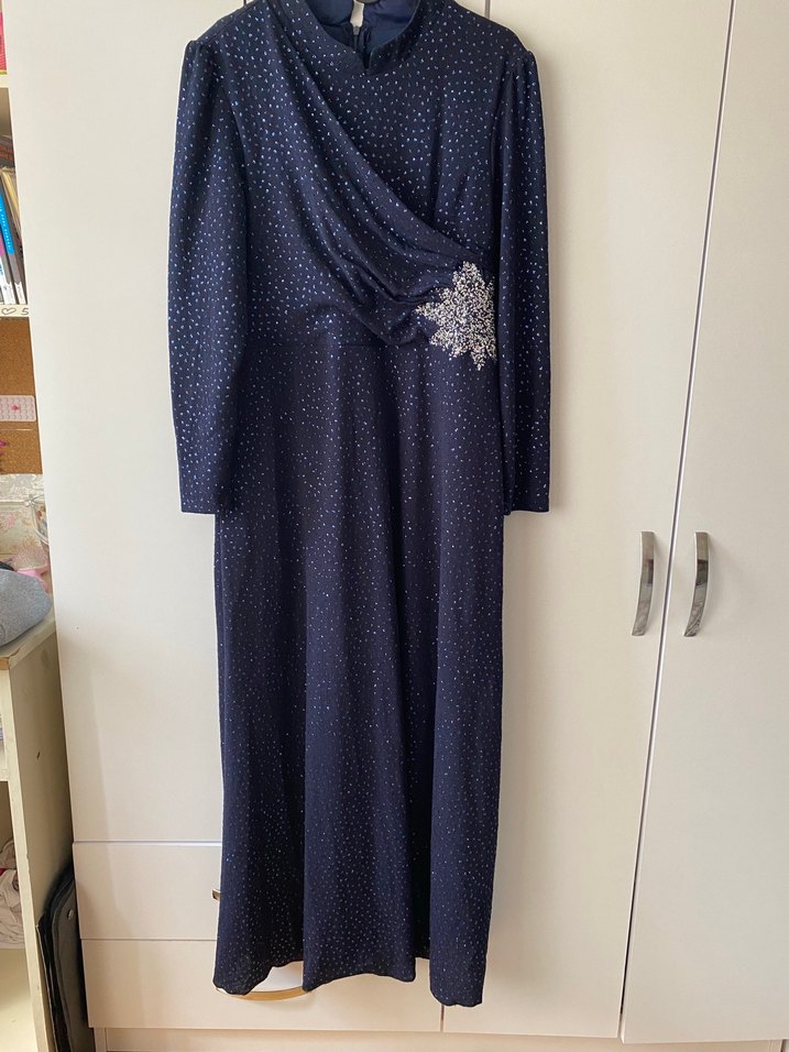 Lacivert Uzun Kollu Drapeli Abiye Elbise - Görsel 5