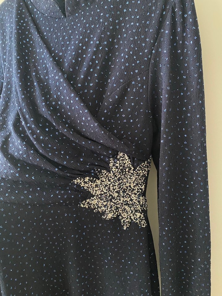 Lacivert Uzun Kollu Drapeli Abiye Elbise - Görsel 4