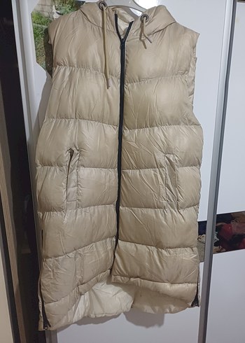 Bej Kapüşonlu Uzun Kadın Yelek