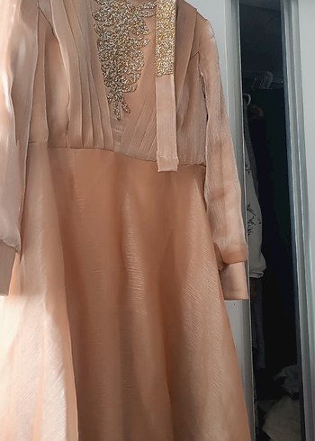 Bohem Yüksek Yakalı Uzun Elbise Somon rengi - Görsel 2