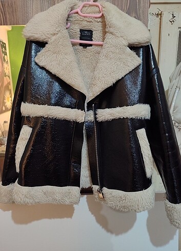 Mavi kürklü oversize biker ceket